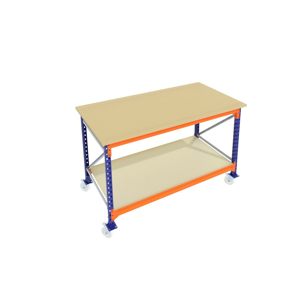 Werkbank op wielen - Blauw - Alle afmetingen - 2 niveaus - Werkblad 25 mm - Laag model