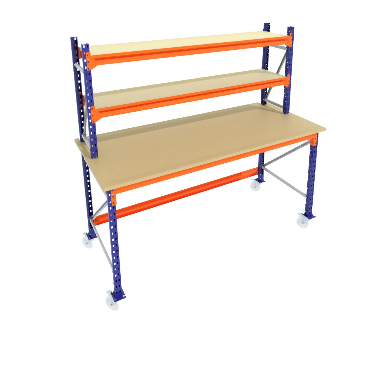 Werkbank op wielen - Dubbele opbouw - Blauw - Alle afmetingen - Enkel werkblad 25 mm