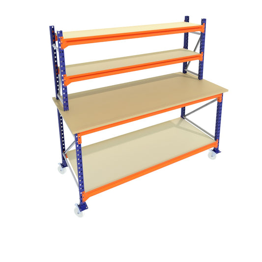 Werkbank op wielen - Dubbele opbouw - Blauw - Alle afmetingen - 2 niveaus - Werkblad 25 mm