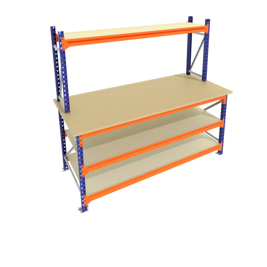 Werkbank vast - Met opbouw - Blauw -  Alle afmetingen - 3 niveaus - Werkblad 30 mm