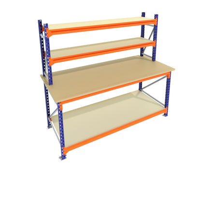 Werkbank vast - Dubbele opbouw - Blauw - Alle afmetingen - 2 niveaus - Werkblad 30 mm