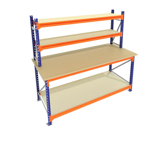 Werkbank vast - Dubbele opbouw - Blauw - Alle afmetingen - 2 niveaus - Werkblad 30 mm