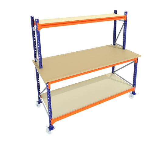 Werkbank op wielen - Met opbouw - Blauw -  Alle afmetingen - 2 niveaus - Werkblad 30 mm