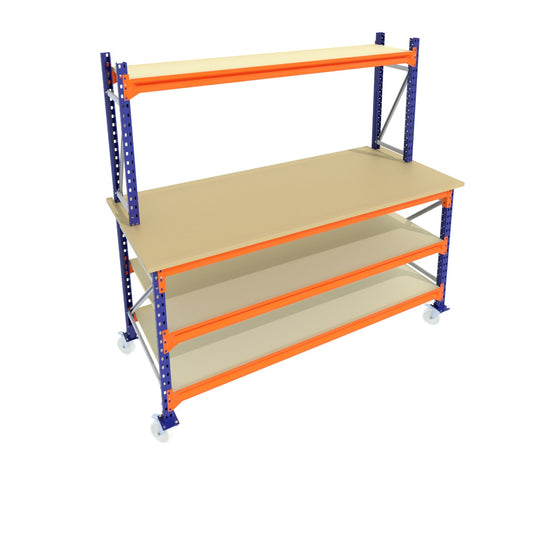 Werkbank op wielen - Met opbouw - Blauw -  Alle afmetingen - 3 niveaus - Werkblad 25 mm