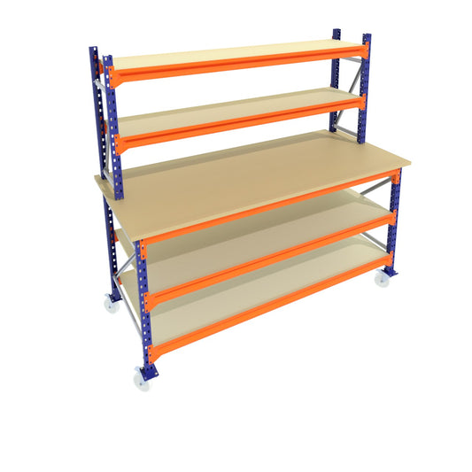 Werkbank op wielen - Dubbele opbouw - Blauw - Alle afmetingen - 3 niveaus - Werkblad 25 mm