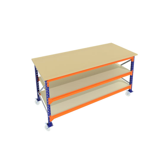 Werkbank op wielen - Blauw -  Alle afmetingen - 3 niveaus - Werkblad 30 mm