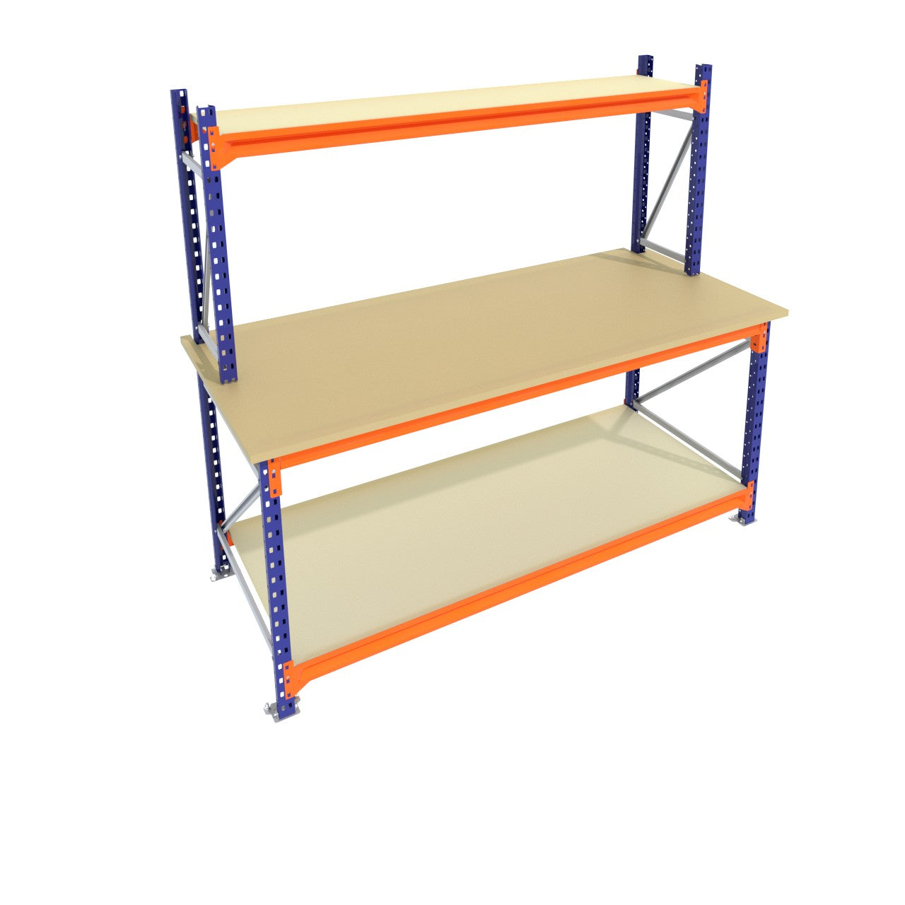 Werkbank vast - Met opbouw - Blauw -  Alle afmetingen - 2 niveaus - Werkblad 30 mm