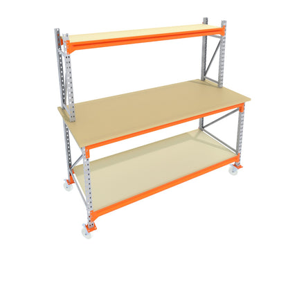 Werkbank op wielen - Met opbouw - Galva -  Alle afmetingen - 2 niveaus - Werkblad 30 mm